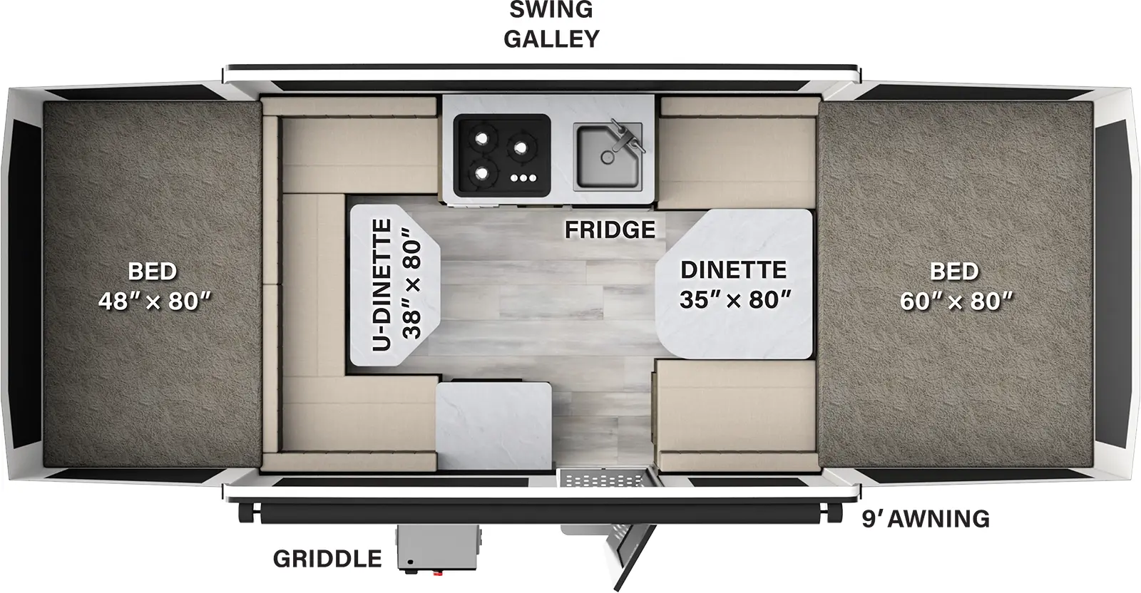 The 1980 has zero slideouts and one entry. Exterior features a griddle and a 9 foot awning. Interior layout front to back: front tent bed; dinette; off-door side swing galley with sink, cooktop and refrigerator; door side entry and cabinet; u-dinette; rear tent bed.